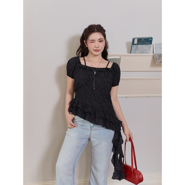 
Korean puff sleeve square collar polka dot suspender short sleeve summer fat mm large size slimming versatile top 63896