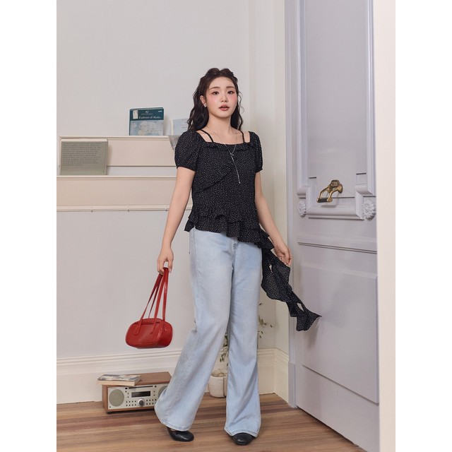 
Korean puff sleeve square collar polka dot suspender short sleeve summer fat mm large size slimming versatile top 63896