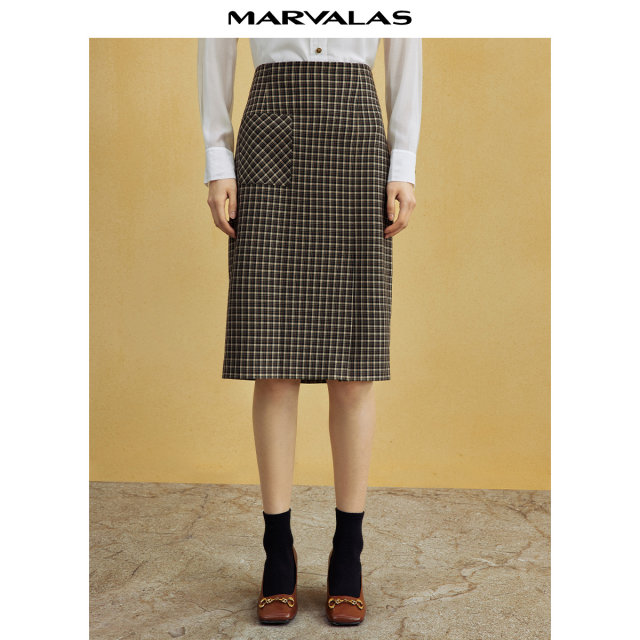 Mandesy stretch retro plaid skirt for women 2025 summer new style light mature style slit straight hip wrapping midi skirt