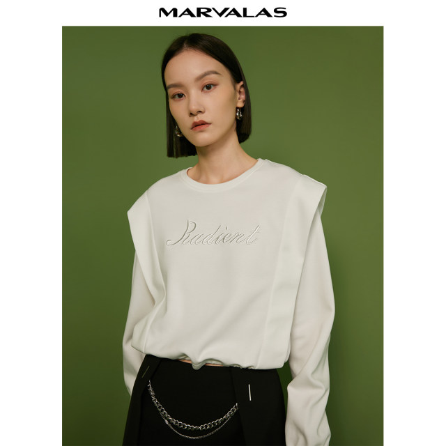 Mandesy solid color sweatshirt for women 2025 autumn suit pullover shape folded shoulder long sleeve simple drawstring round neck top