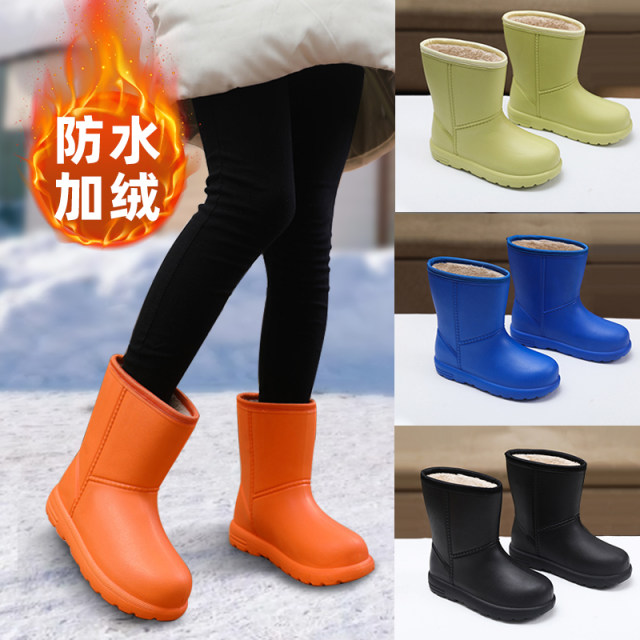 Women's velvet thickened snow boots for winter waterproof outer wear thick-soled non-slip warm mid-calf woolen cotton boots rain boots water shoes