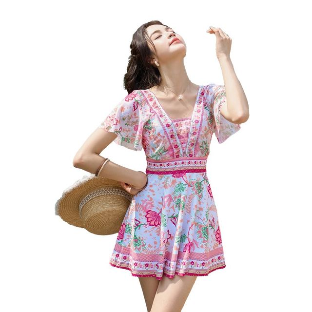 
Couple suit one-piece skirt style boxer-angle women's summer swimsuit z large size slightly fat mm steel support push-up beach pants men's sea