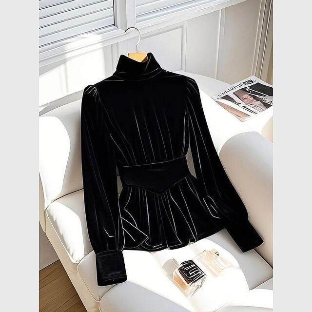 French unique super beautiful inner long -sleeved gold velvet shirt in winter light luxury high -level black plus velvet shirt
