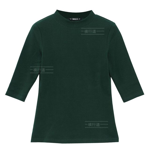 Black 7-quarter sleeve top T-shirt mid-collar half-v turtleneck base shirt fashionable large size slim mid-sleeved pure cotton T-shirt for women
