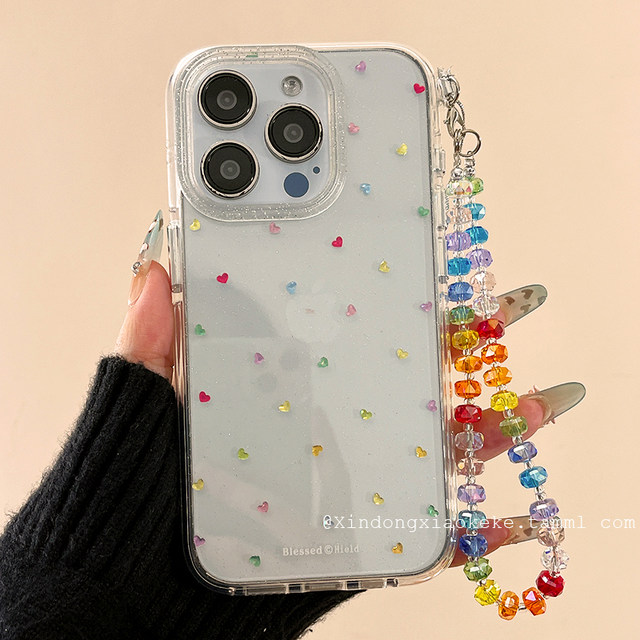 Ins style Korean love gemstones suitable for Apple iPhone 16 ProMax mobile phone case 15pro new 14 with chain 13 niche high-end sense 14 promax silicone 16pro creative full package