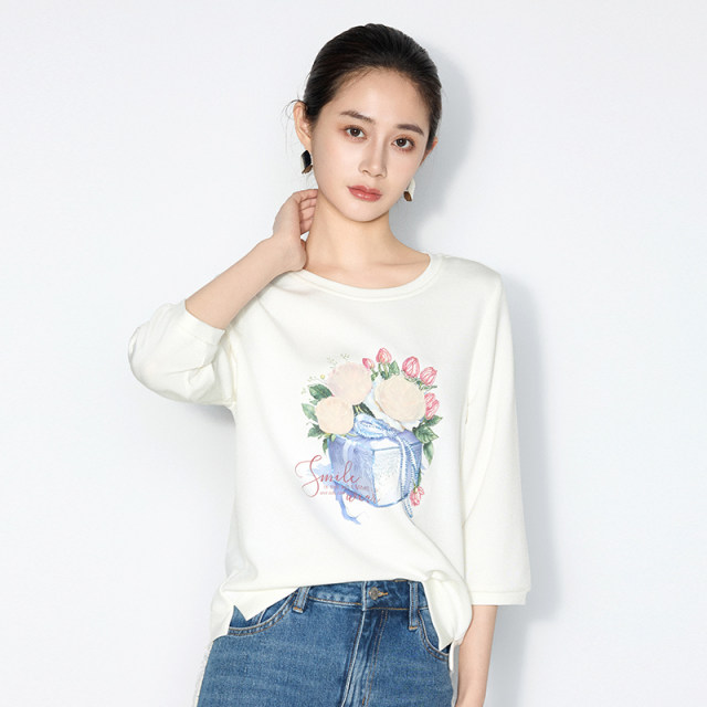 Ma Tiannu 2025 autumn new solid color embroidered round neck T-shirt mid-sleeved top stretch casual fashion versatile women