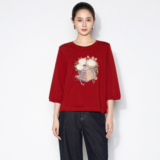 Ma Tiannu 2025 autumn new solid color embroidered round neck T-shirt mid-sleeved top stretch casual fashion versatile women