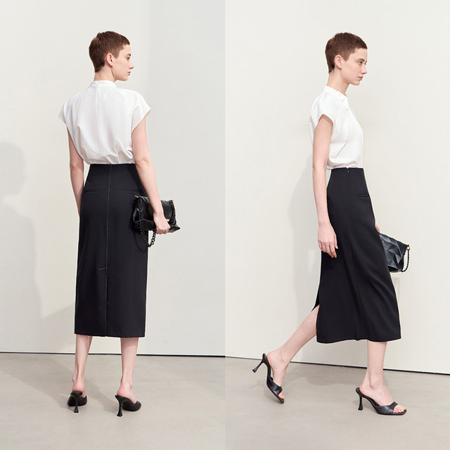 Amii2025 summer new minimalist solid color commuting intellectual straight long micro-stretch skirt for women
