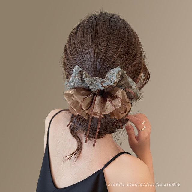
High-end retro floral ribbon large intestine hair tie for women 2025 new style ponytail ball head large rubber band hair rope