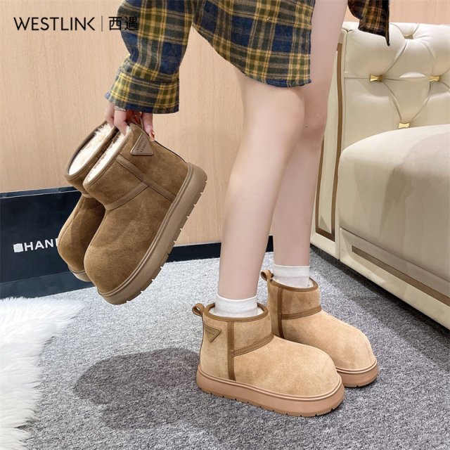 West thick-soled snow boots for women in autumn and winter genuine leather boots Northeast cotton shoes plus velvet thick short boots bread cotton boots
