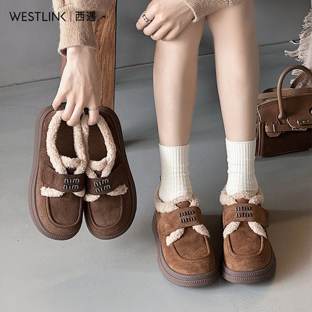 Western lamb fur plus wool shoes for women in autumn and winter suede leather shoes for women wearing cotton shoes thick-soled loafers
