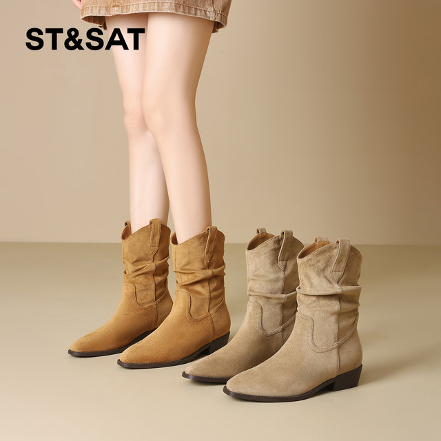 Saturday Western Cowboy Boots Women's 2025 Winter New Boots Short Boots Plus Velvet Pile Boots Slim Boots Knight Boots