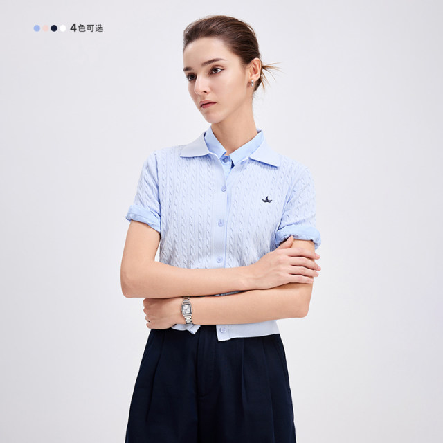Navigare Italian small sailboat elastic cork cardigan for women 25 autumn new product lapel versatile short-sleeved cardigan