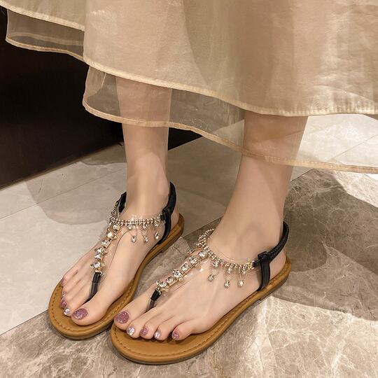 Roman thong sandals for women's outer wear 2025 summer new internet celebrity fairy style transparent rhinestone flat open toe sandals