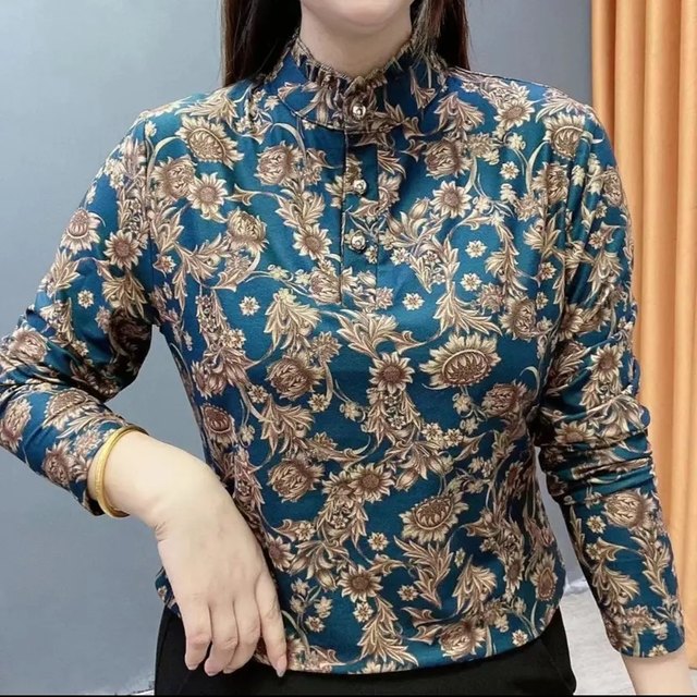 Western mothers standing collar color elasticity 2022 Autumn new bottom shirts loose and covered with belly, middle -aged and elderly large size women's clothing
