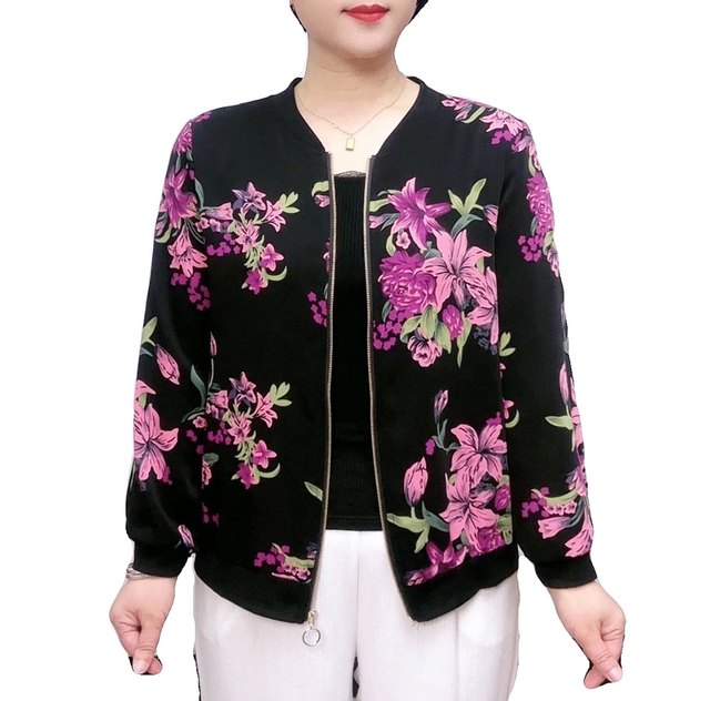 Fashionable mother-wear chiffon printed cardigan long-sleeved jacket 2024 spring new large size loose versatile baseball uniform for women
