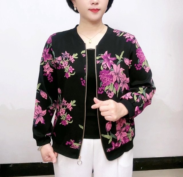 Fashionable mother-wear chiffon printed cardigan long-sleeved jacket 2024 spring new large size loose versatile baseball uniform for women

