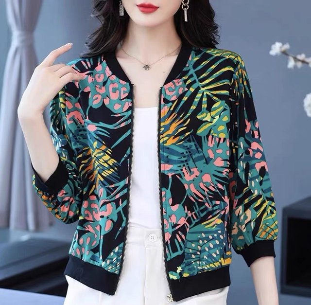Fashionable mom chiffon printed cardigan long-sleeved jacket 2023 spring new large size loose versatile baseball uniform