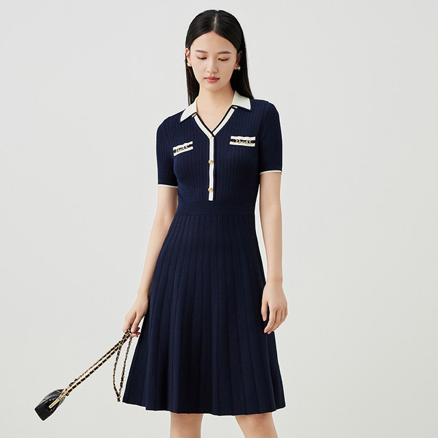 Yingzhishang outlet workplace dress summer new thin short-sleeved polo neck high waist mid-length knitted skirt for women