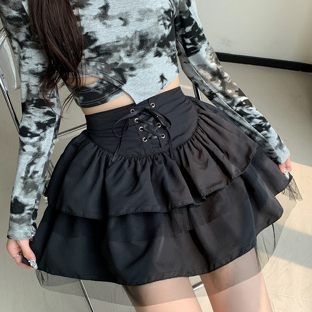 Boxer skirt female spring and autumn new ballet puffy skirt high -waisted mesh gauze small black lace
