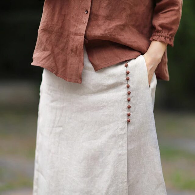Solid color mid-length 2025 original hemp color literary irregular splicing skirt linen commuter slit A-line skirt summer
