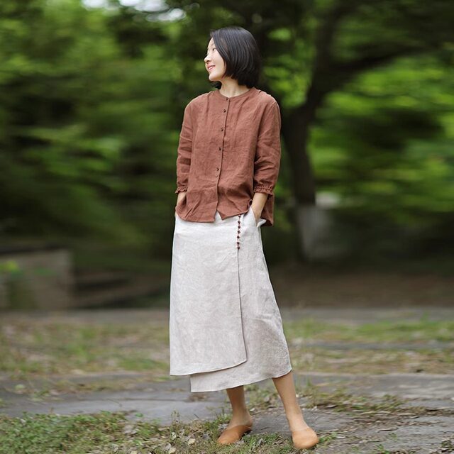 Solid color mid-length 2025 original hemp color literary irregular splicing skirt linen commuter slit A-line skirt summer