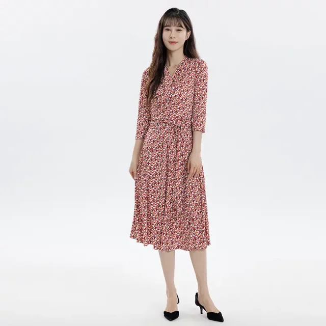 
Huaye silk v-neck dress 2025 summer new lace-up printed 7-quarter sleeve large-size midi skirt
