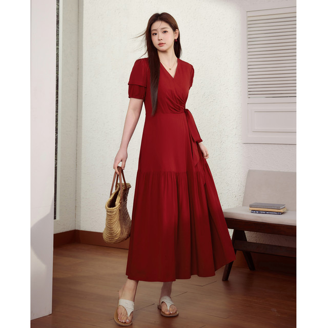 Blue language large size women's clothing temperament red engagement important occasion dress for summer waist-hugging and slimming lace-up A-line skirt