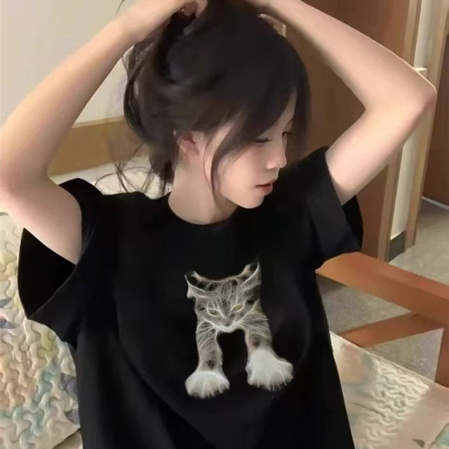 American fashion brand black short-sleeved T-shirt for women cartoon design niche 2025 new round neck straight shoulder pure cotton top