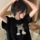 American fashion brand black short-sleeved T-shirt for women cartoon design niche 2025 new round neck straight shoulder pure cotton top