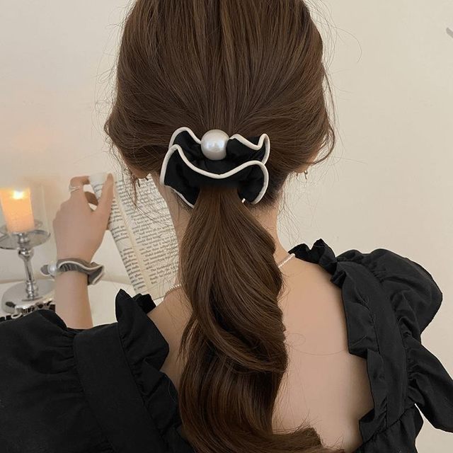 High-end pearl hair tie, simple black lace small intestine hair tie, fashionable ponytail hair rope, rubber band head flower