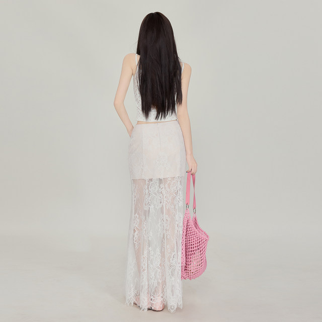 
2025 summer new pure white lace spliced ​​hip skirt for women with slim fit and slim A-line long skirt