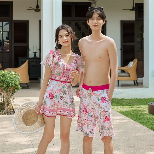 
Couple swimsuit men's and women's suit ethnic style plus size slimming beach pants one-piece skirt style conservative boxer briefs swimming suit