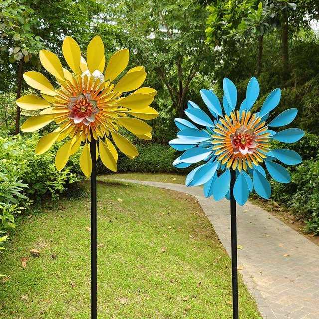 Home and gardening natural decoration garden balcony outdoor windmill painted flowers and leaves contrasting color iron insert double-sided rotation