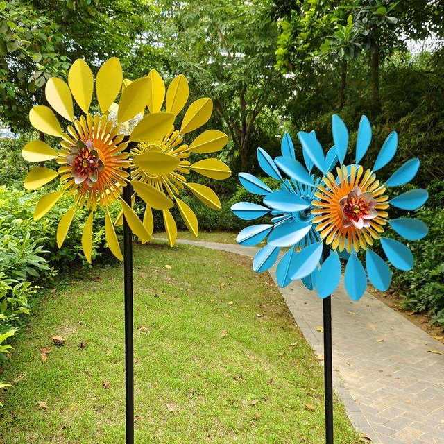 Home and gardening natural decoration garden balcony outdoor windmill painted flowers and leaves contrasting color iron insert double-sided rotation