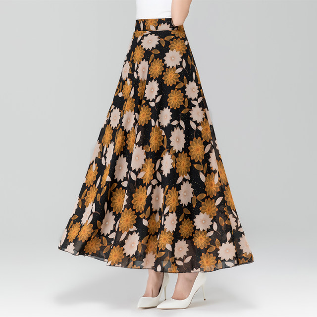 Summer new versatile chiffon skirt female retro high waist A -line long skirt big size dancing skirt