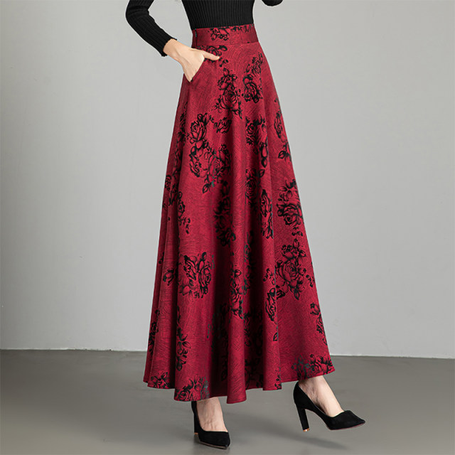 Spring and Autumn new printed temperament high-waisted A-line skirt for women mid-length large-size skirt versatile dancing long skirt
