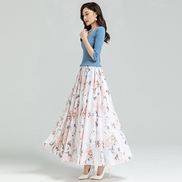 2025 summer new versatile floral chiffon half-body long skirt for women large size high waist mid-length A-line dance skirt