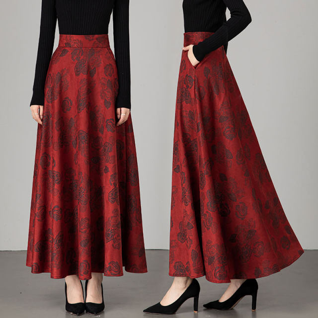Women's autumn and winter 2025 new retro red printed A-line long skirt high waist large size draped dance skirt