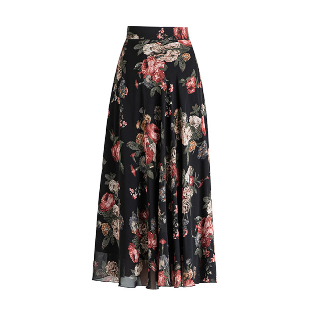 2025 new summer versatile floral chiffon skirt long skirt A-line large size high waist large mid-length women's skirt

