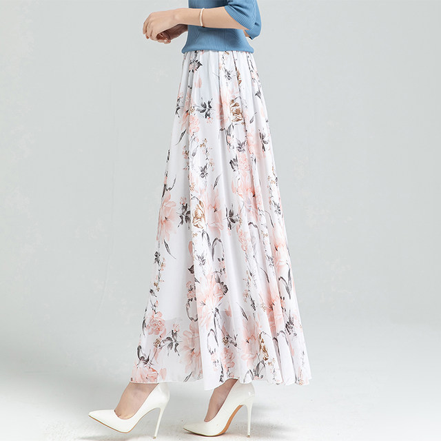 2025 summer new versatile floral chiffon half-body long skirt for women large size high waist mid-length A-line dance skirt
