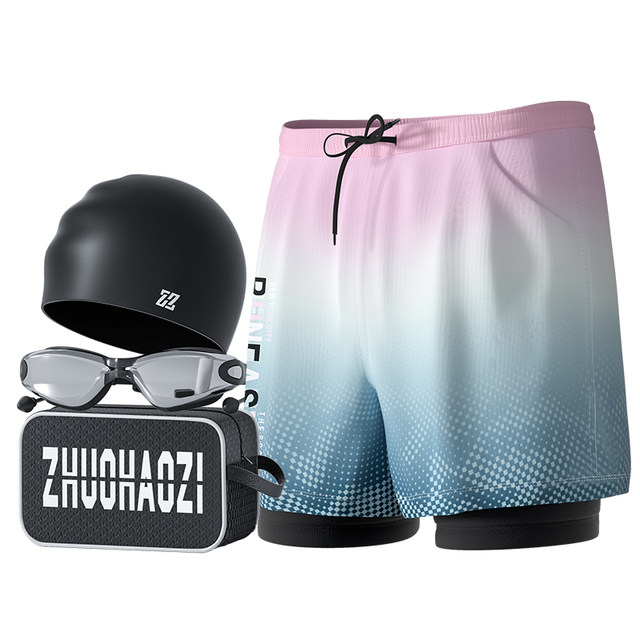 Swim trunks, men's swimming equipment, full set of adult swimsuits, goggles, and caps, three-piece set, boxer double-layer hot spring suit