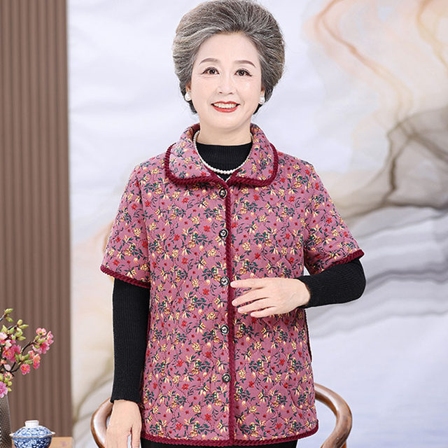 Middle-aged and elderly women's cotton vest women's autumn and winter outer wear short-sleeved cotton coat plus velvet half-sleeved cotton jacket mother's shoulder guard vest jacket