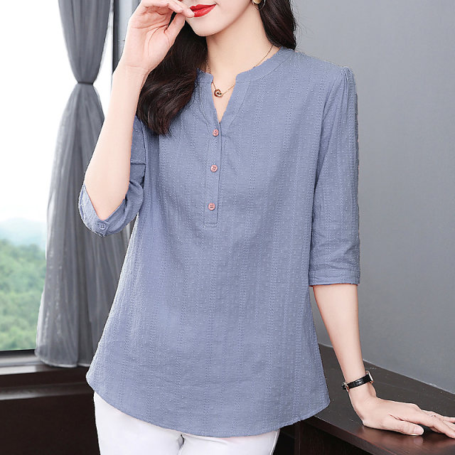 Pure cotton shirt women's 2025 spring and autumn new fashionable seven-quarter sleeve top large size mid-length V-neck shirt