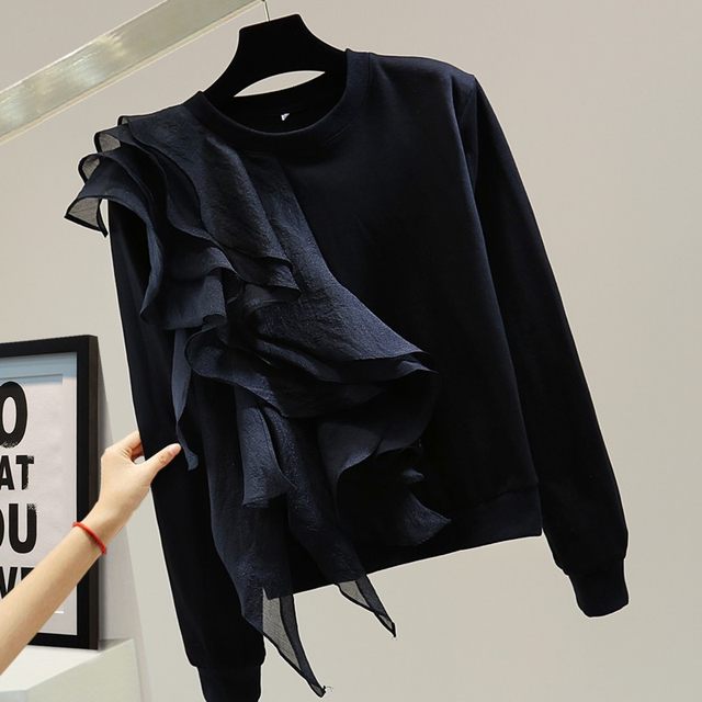 2025 summer Korean version loose slim design sense irregular ruffled solid color elastic cotton casual short-sleeved T-shirt