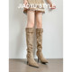 Genuine leather ~ Jiaoyu pointed toe slender boots for women, pile boots, belt buckle, pleated high-heeled boots, slim boots