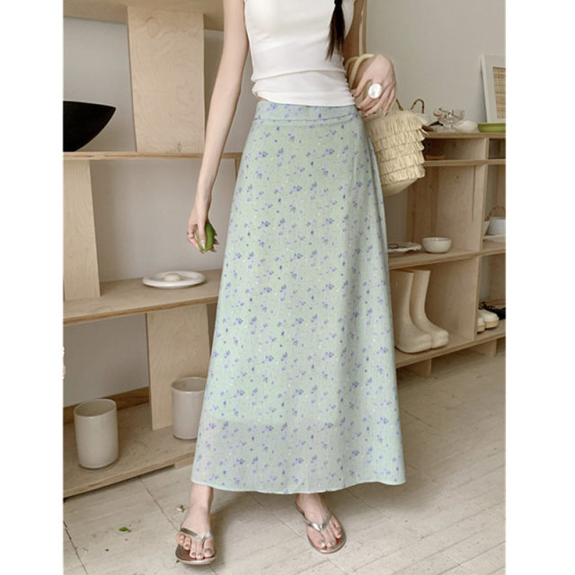 2024 new mint green floral chiffon skirt summer fat mm slimming meat to make you look versatile long skirt