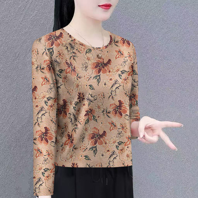 New off-code fashionable middle-aged and elderly collar long-sleeved round neck T-shirt for women 2025 spring and autumn new mother's wear to cover belly and style