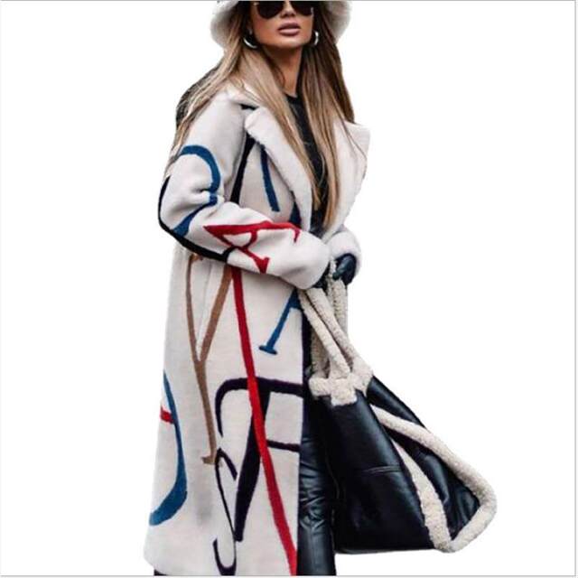 New autumn large-size women's clothing European and American style casual loose slim printed windbreaker lapel woolen coat coat

