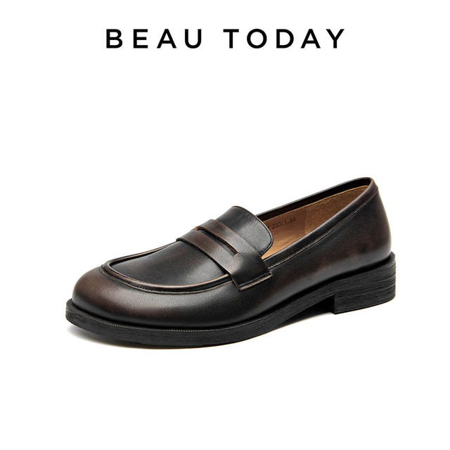 BeauToday genuine leather loafers for women in spring new BT British style leather shoes for women flat single shoes for women shallow mouth